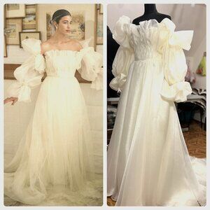 Elegant Off-Shoulder Satin Dress with Ruffled Sleeves Ivory Wedding Gown